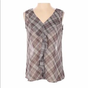 ANN TAYLOR LOFT PLAID RUFFLE SHEER SLEEVELESS TOP